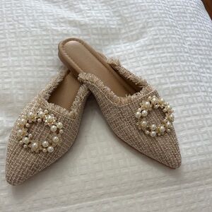 Elegant Tan Women's Mules with Pearl Embellishments